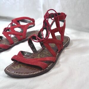 Sam Edelman Gemma Sandals Womens 8M Red Suede Lace Up Gladiator Caged Flat Boho